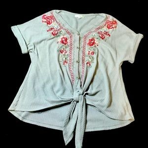 Gray Waffle Knit Button up top with embroidered florals